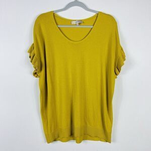 Ann Taylor LOFT Size Large Ruffle Cuff Sweater Yellow Short Sleeve Scoop Neck